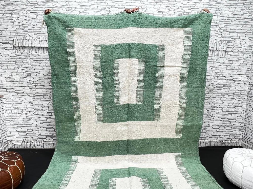 Handwoven Moroccan wool rug in green and cream white with geometric square pattern – modern flatweave Berber carpet
