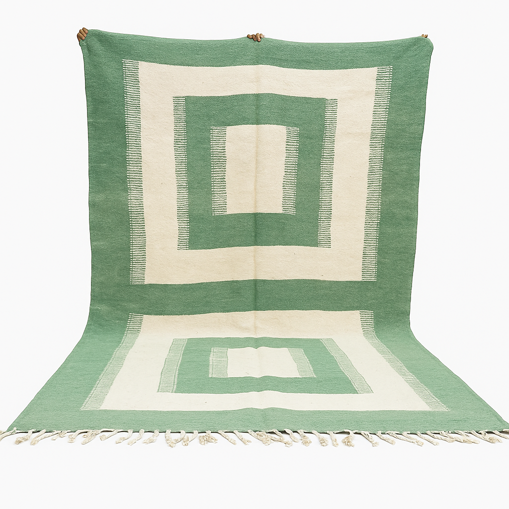 Handwoven Moroccan wool rug in green and cream white with geometric square pattern – modern flatweave Berber carpet