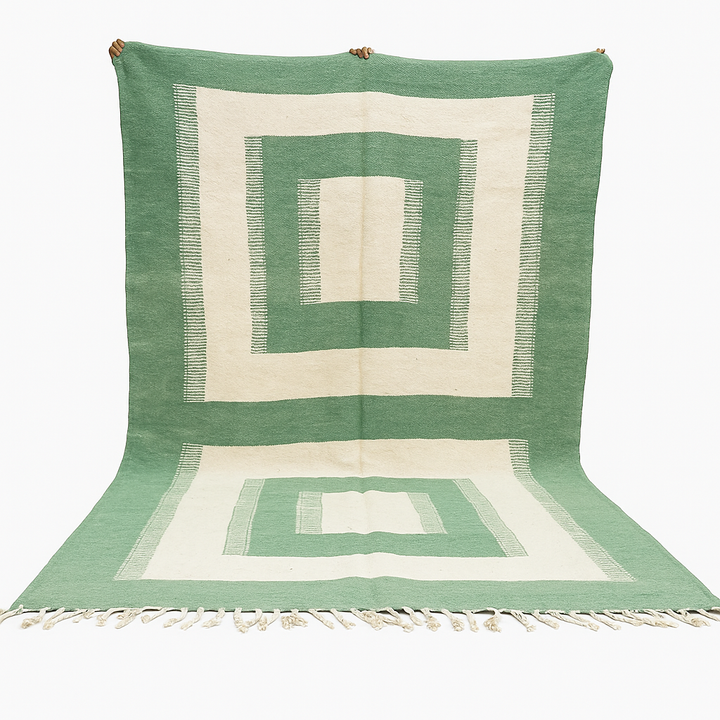 Handwoven Moroccan wool rug in green and cream white with geometric square pattern – modern flatweave Berber carpet