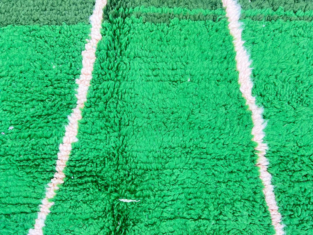 Green Moroccan runner rug handwoven in moss and olive wool with flowing ivory lines