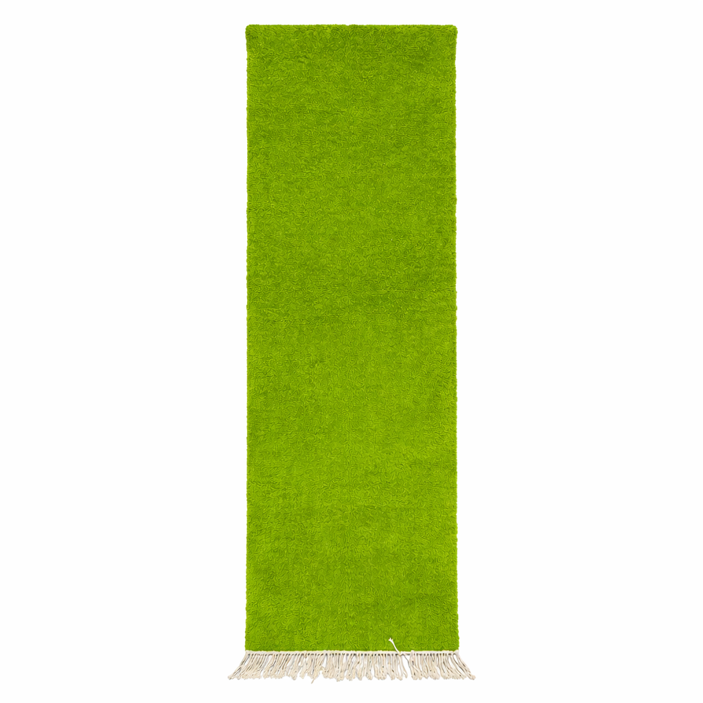 Green Moroccan runner rug in handmade wool shag texture with fringed ends