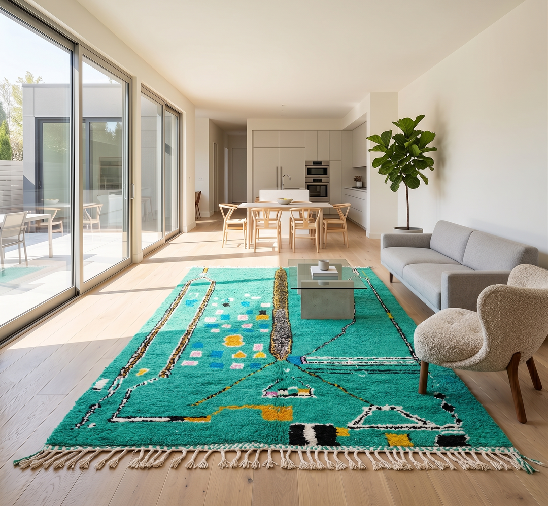 Green Moroccan wool rug with abstract geometric Berber pattern, handmade by artisans