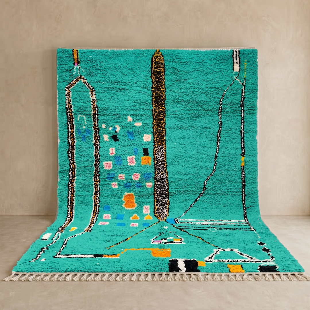 Green Moroccan wool rug with abstract geometric Berber pattern, handmade by artisans