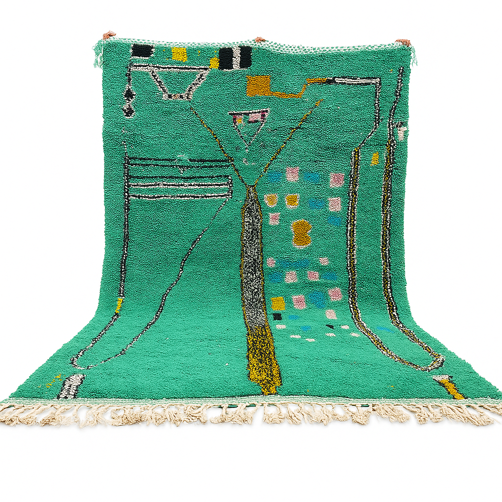 Green Moroccan wool rug with abstract geometric Berber pattern, handmade by artisans