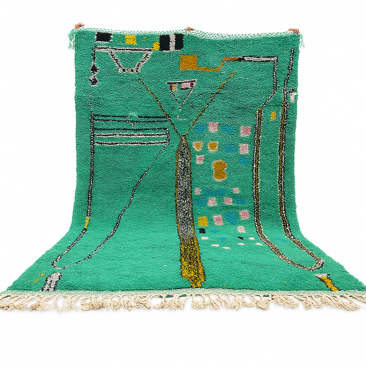 Green Moroccan wool rug with abstract geometric Berber pattern, handmade by artisans