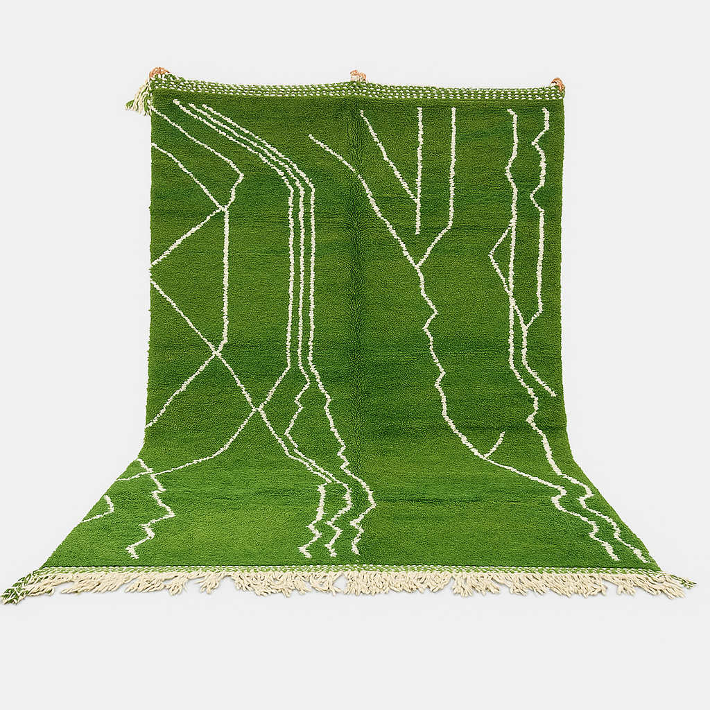 Handwoven green Moroccan wool rug with white geometric line design