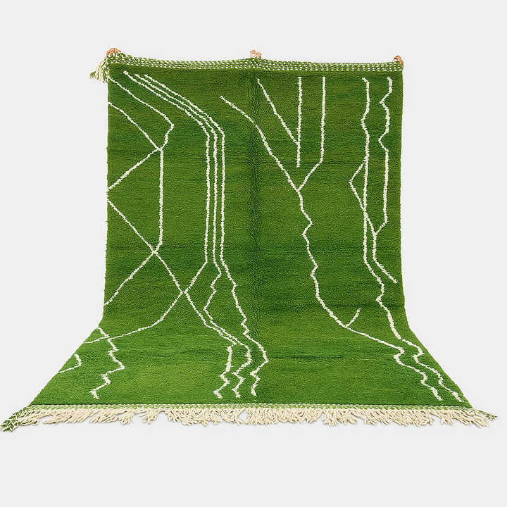 Handwoven green Moroccan wool rug with white geometric line design