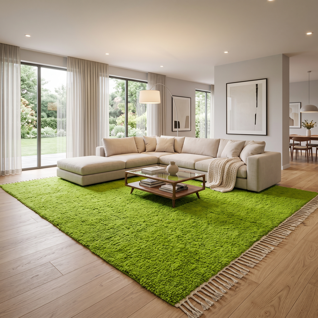 Solid green Moroccan wool rug with plush minimalist Berber texture
