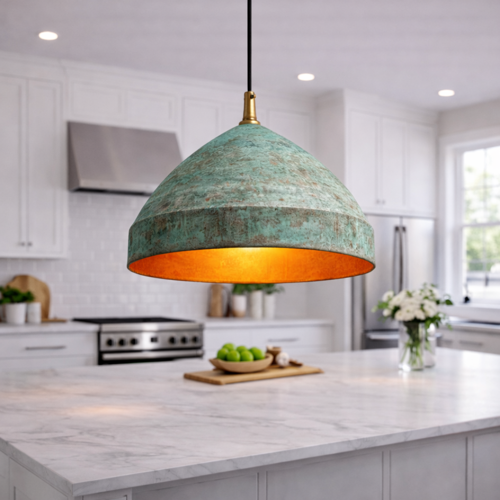 Green Patina Moroccan Pendant Light – Handmade Copper Kitchen Island Hanging Lamp