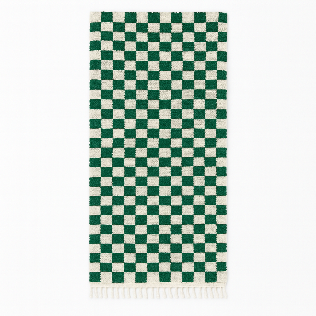 Handmade green and white checkerboard Moroccan wool runner rug