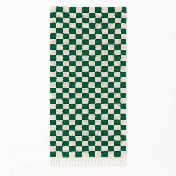 Handmade green and white checkerboard Moroccan wool runner rug