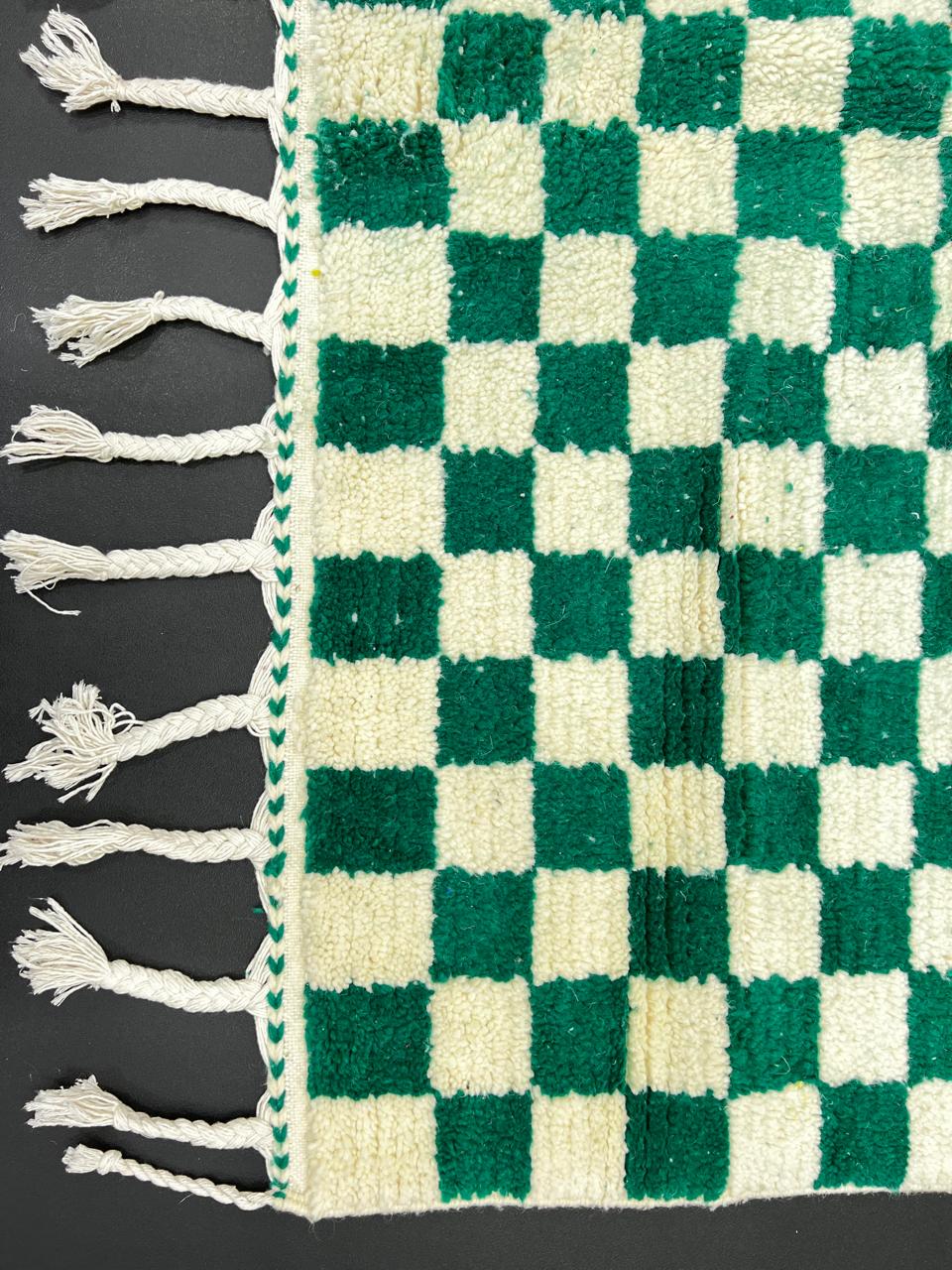 Handmade green and white checkerboard Moroccan wool runner rug