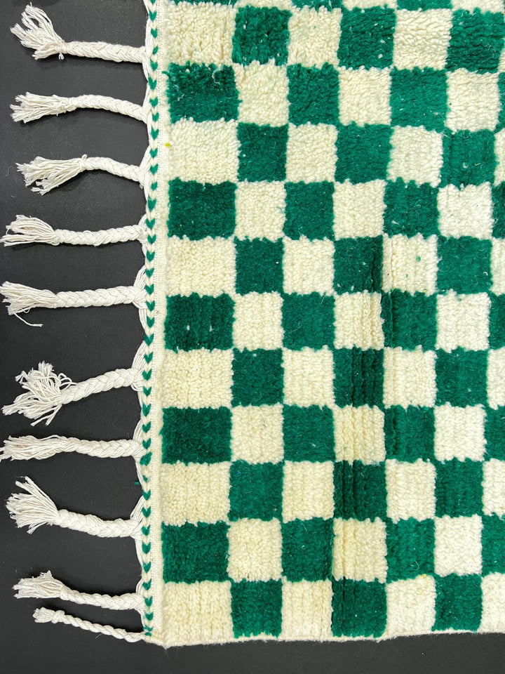 Handmade green and white checkerboard Moroccan wool runner rug