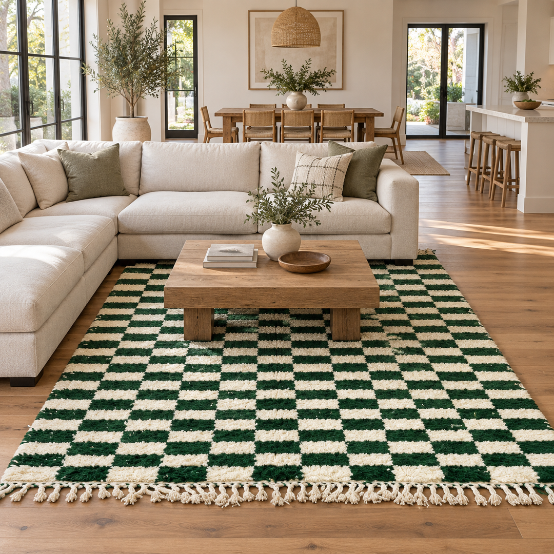 Green and white checkerboard Moroccan wool rug handmade by Berber artisans