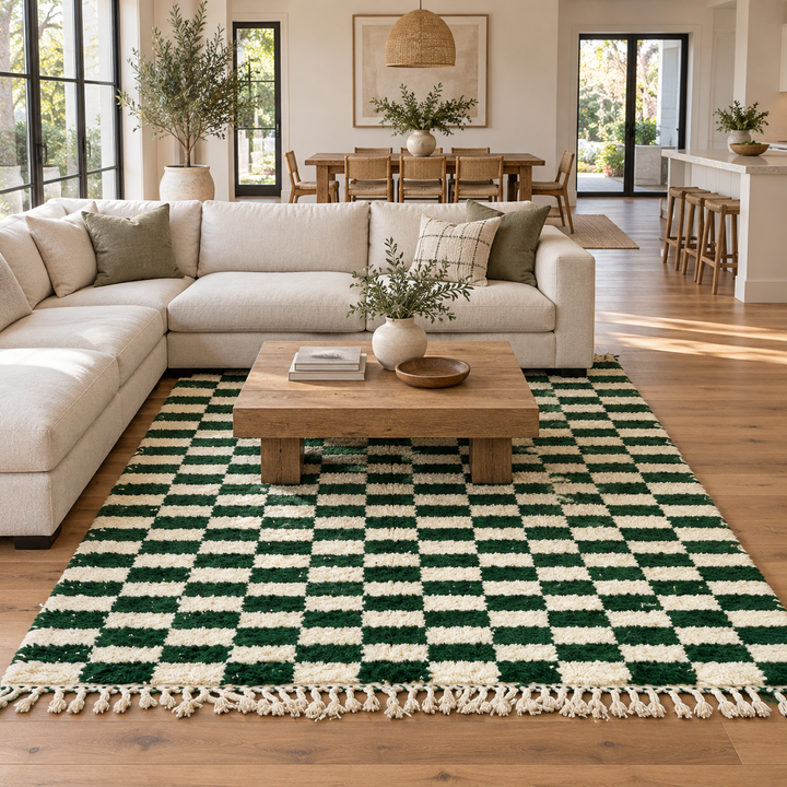 Green and white checkerboard Moroccan wool rug handmade by Berber artisans