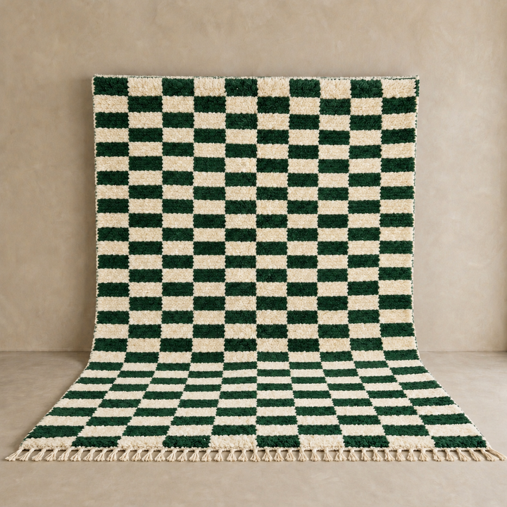 Green and white checkerboard Moroccan wool rug handmade by Berber artisans