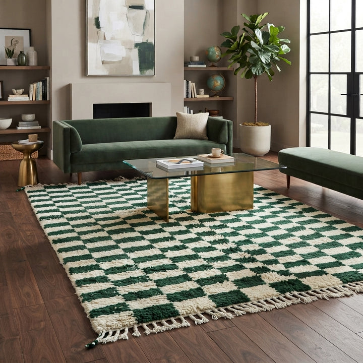 Green and white checkerboard Moroccan wool rug handmade by Berber artisans