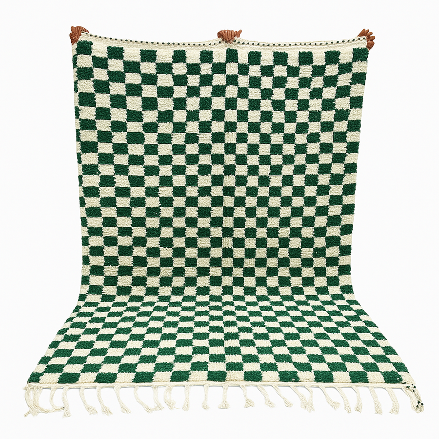 Green and white Moroccan checkered wool rug, handmade by Berber artisans in the Atlas Mountains