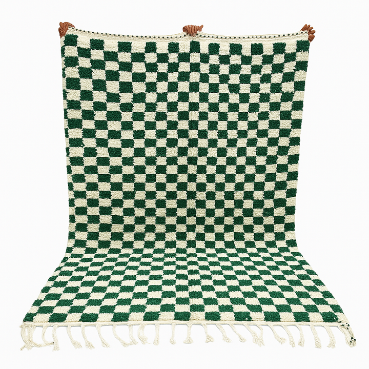 Green and White Moroccan Checkered Wool Rug – Handmade Berber Design