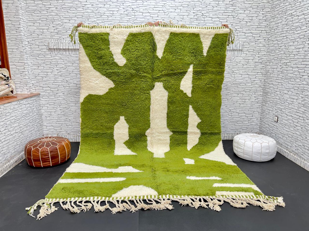 Handmade Moroccan wool rug with bold green and cream abstract geometric pattern