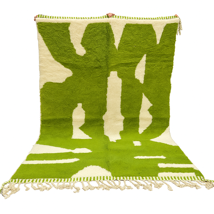 Handmade Moroccan wool rug with bold green and cream abstract geometric pattern