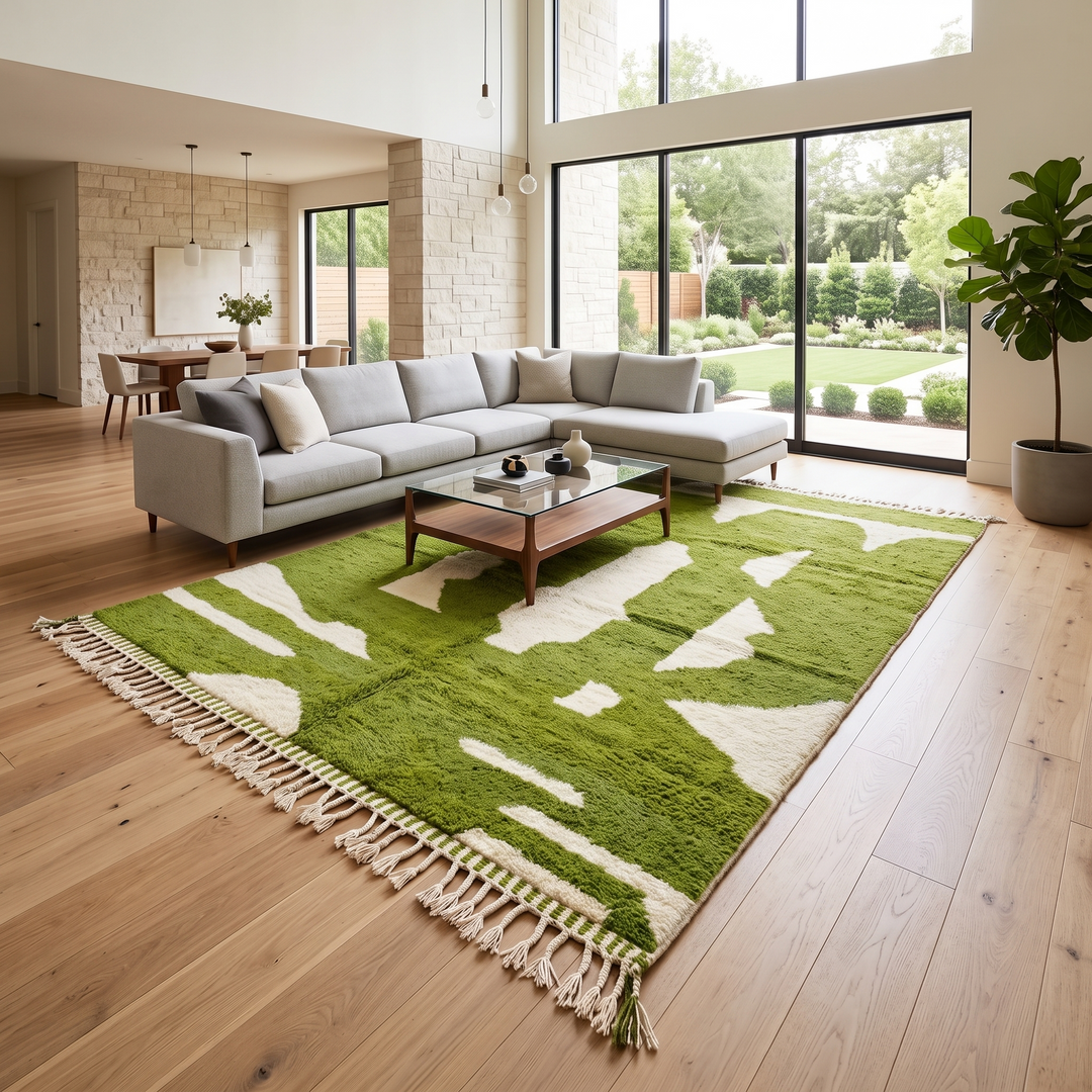 Handmade Moroccan wool rug with bold green and cream abstract geometric pattern
