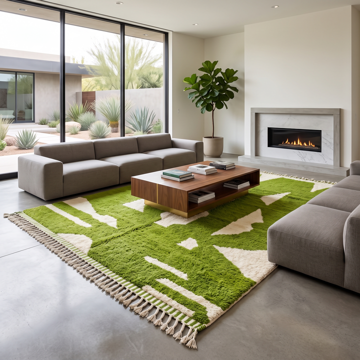 Handmade Moroccan wool rug with bold green and cream abstract geometric pattern
