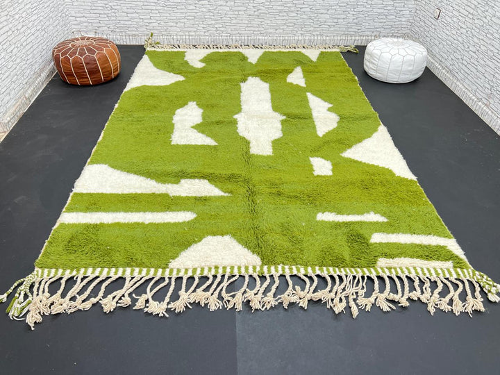 Handmade Moroccan wool rug with bold green and cream abstract geometric pattern