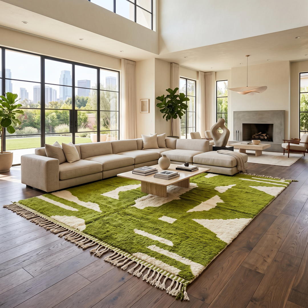 Handmade Moroccan wool rug with bold green and cream abstract geometric pattern

