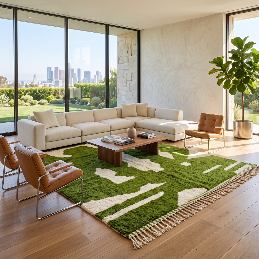 Handmade Moroccan wool rug with bold green and cream abstract geometric pattern
