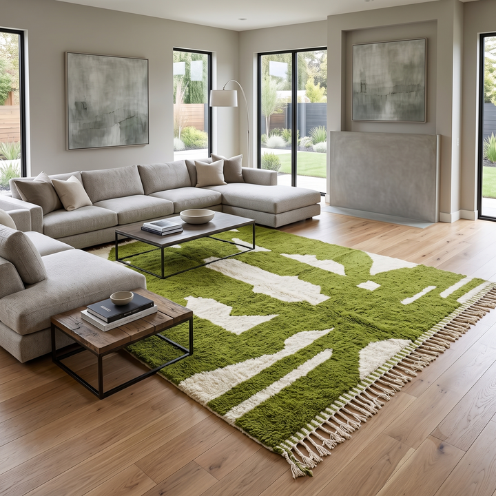 Handmade Moroccan wool rug with bold green and cream abstract geometric pattern
