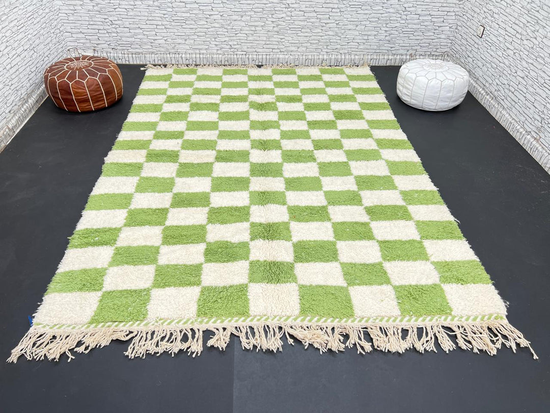 Handmade Moroccan wool rug with green and cream checkered geometric design