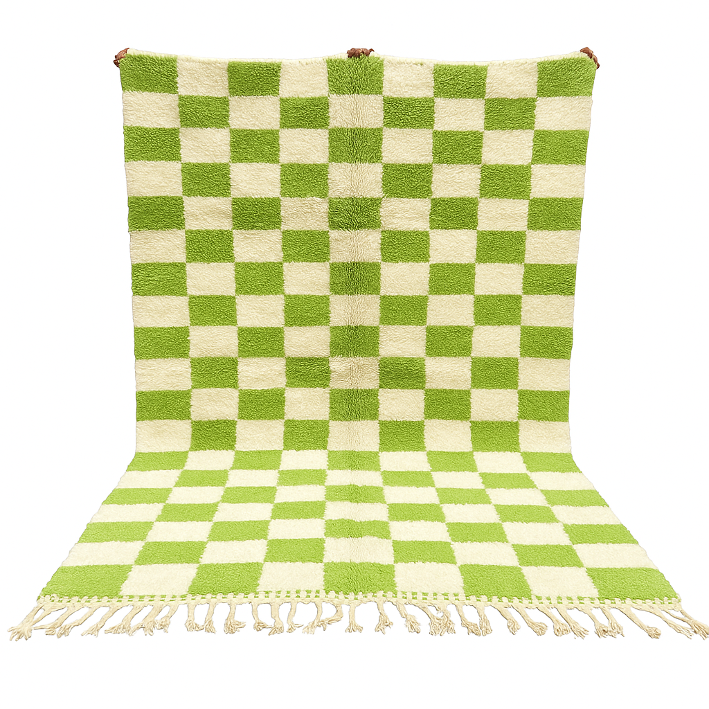 Handmade Moroccan wool rug with green and cream checkered geometric design