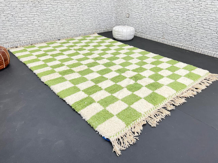 Handmade Moroccan wool rug with green and cream checkered geometric design