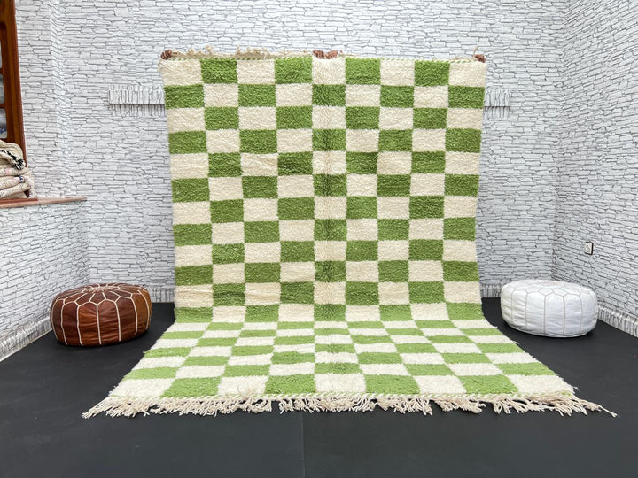 Handmade Moroccan wool rug with green and cream checkered geometric design