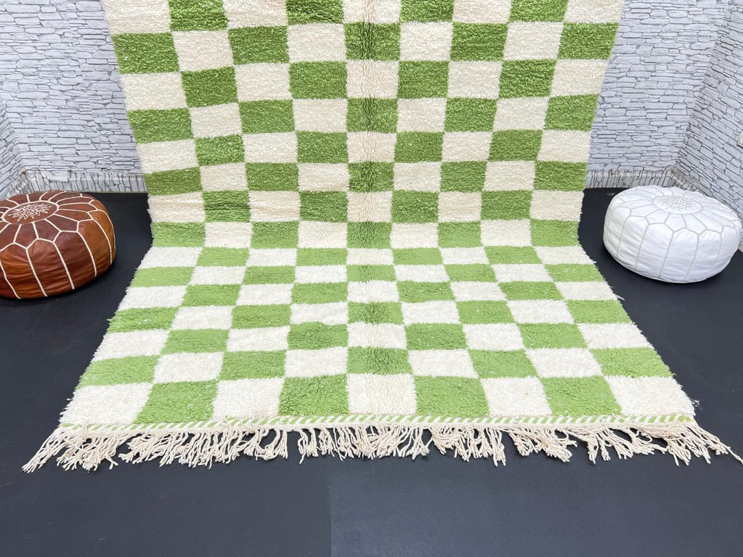 Handmade Moroccan wool rug with green and cream checkered geometric design