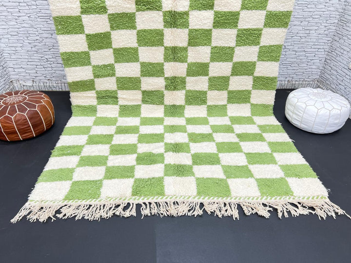 Handmade Moroccan wool rug with green and cream checkered geometric design