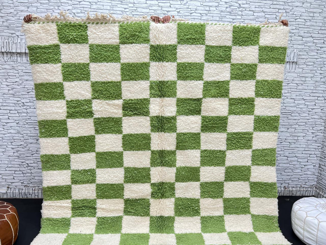 Handmade Moroccan wool rug with green and cream checkered geometric design