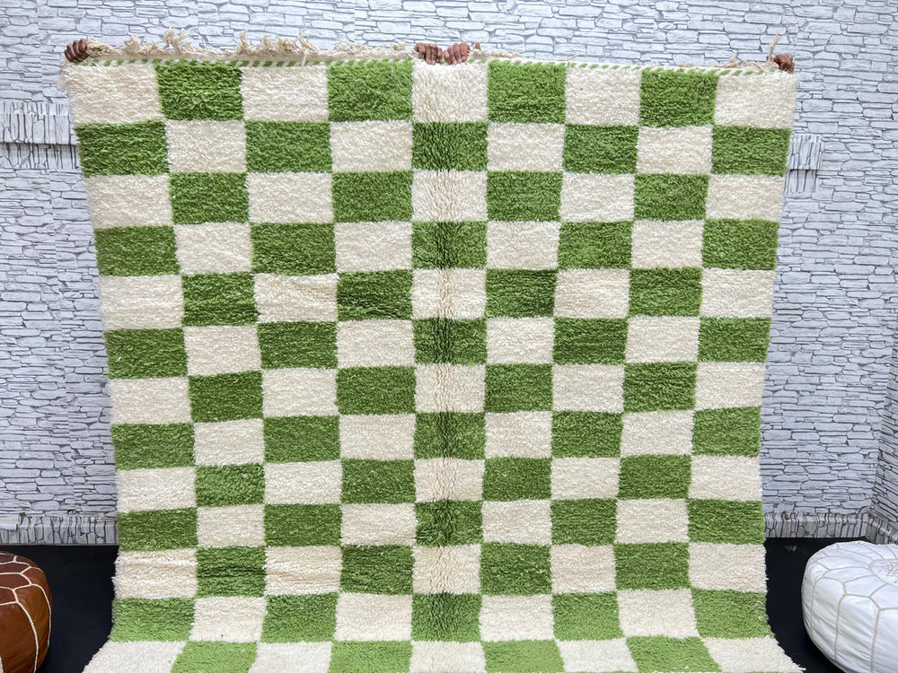 Handmade Moroccan wool rug with green and cream checkered geometric design