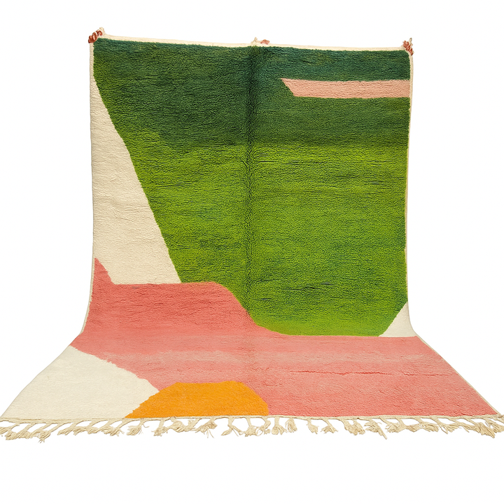 Green and pink abstract Moroccan wool rug with handmade Berber design and bold color blocks