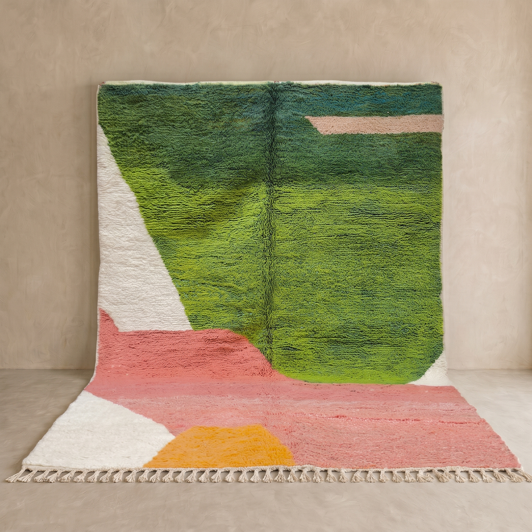 Green and pink abstract Moroccan wool rug with handmade Berber design and bold color blocks
