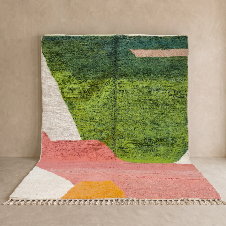 Green and pink abstract Moroccan wool rug with handmade Berber design and bold color blocks
