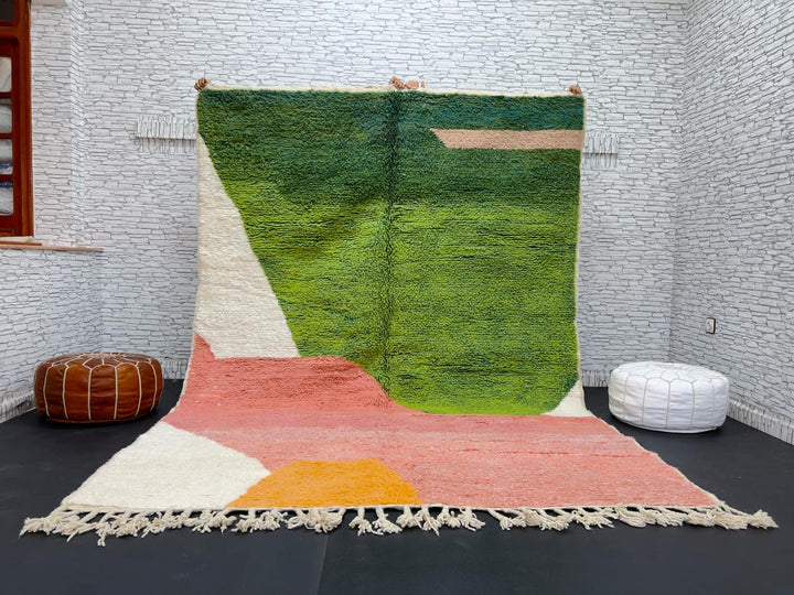 Green and pink abstract Moroccan wool rug with handmade Berber design and bold color blocks