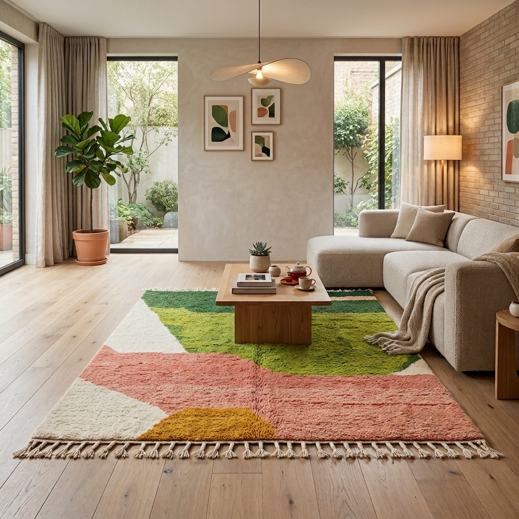 Green and pink abstract Moroccan wool rug with handmade Berber design and bold color blocks