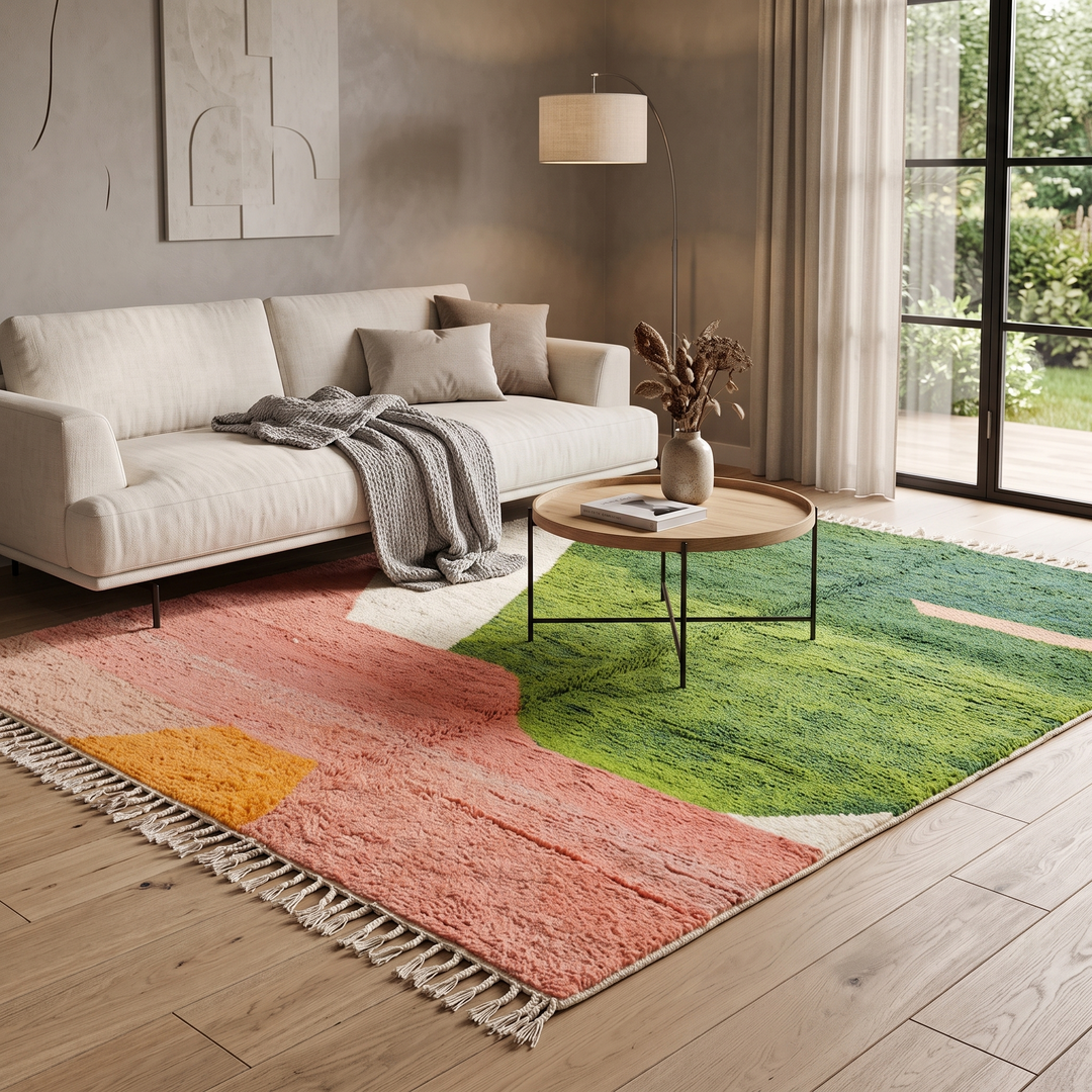 Green and pink abstract Moroccan wool rug with handmade Berber design and bold color blocks