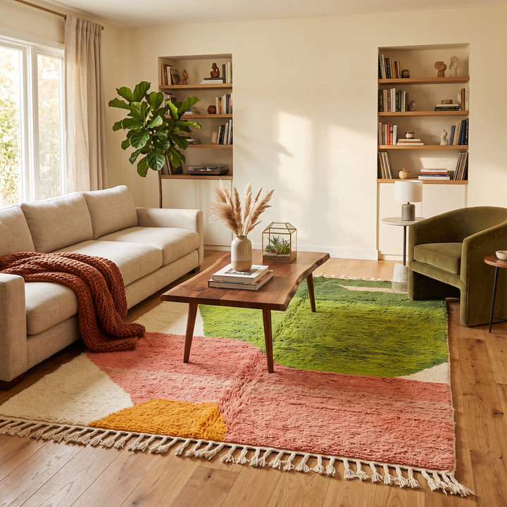 Green and pink abstract Moroccan wool rug with handmade Berber design and bold color blocks