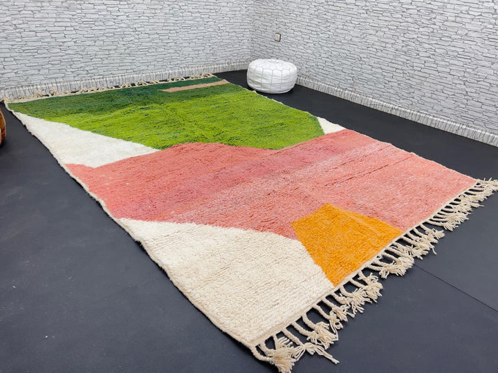 Green and pink abstract Moroccan wool rug with handmade Berber design and bold color blocks
