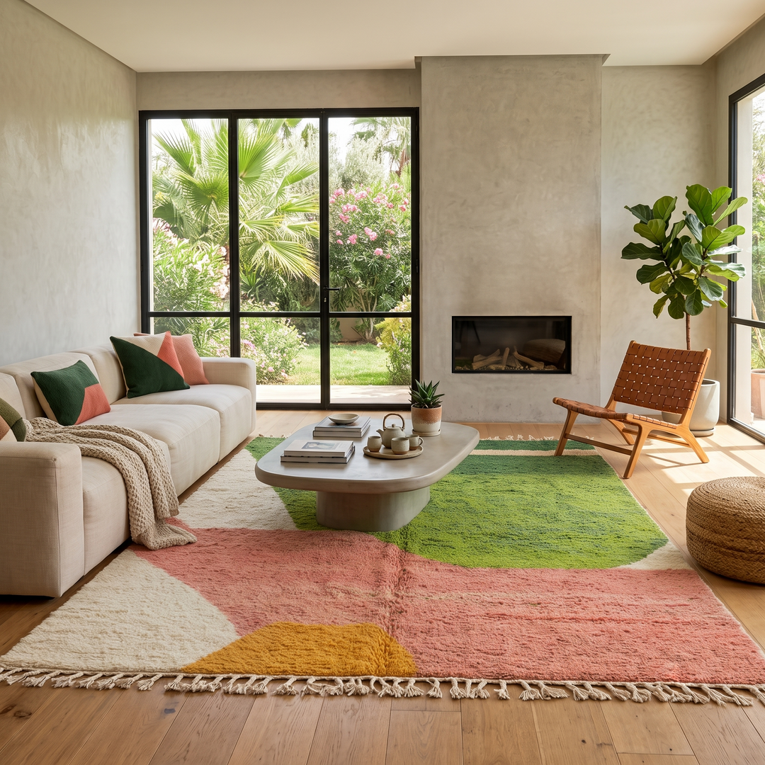 Green and pink abstract Moroccan wool rug with handmade Berber design and bold color blocks