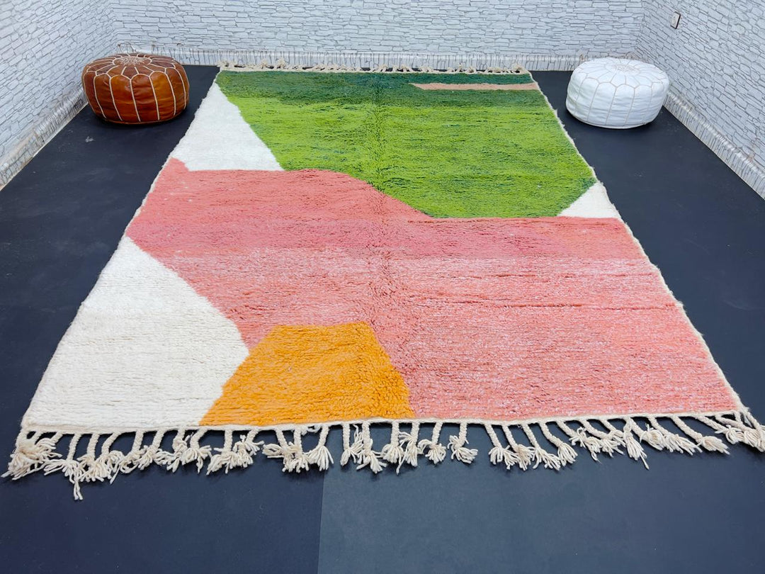 Green and pink abstract Moroccan wool rug with handmade Berber design and bold color blocks