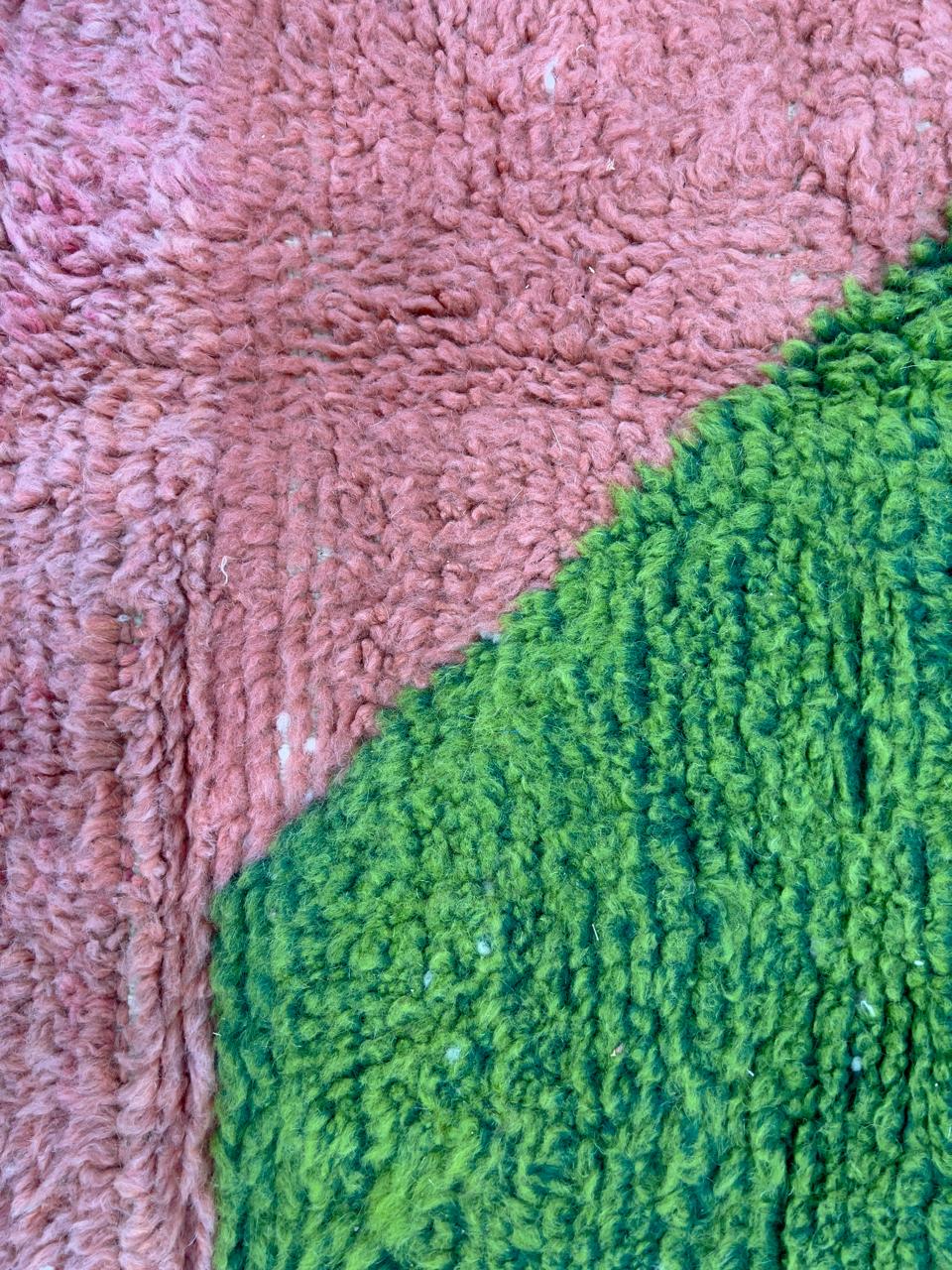 Green and pink abstract Moroccan wool rug with handmade Berber design and bold color blocks